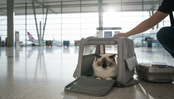 Transporte aéreo de pets no Brasil: Um gato dentro da bolsa de transporte, no aeroporto.