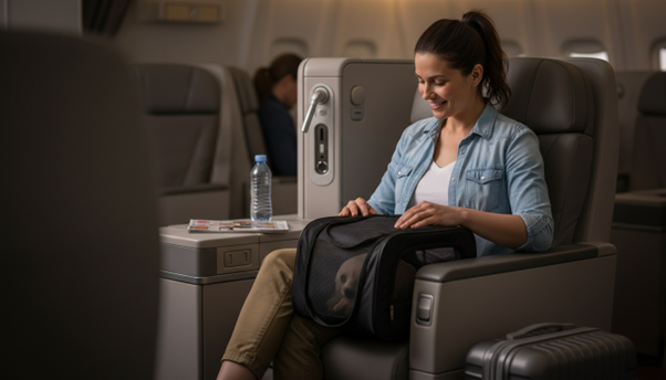 Transporte aéreo de pets no Brasil: Uma pet nanny viajando com um gato no avião.