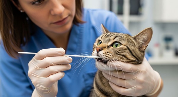 médica veterinária coletando amostra de material genético na boca do gato