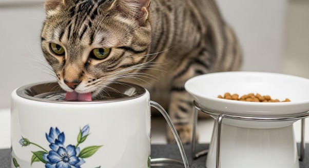 Gato bebendo na fonte de água