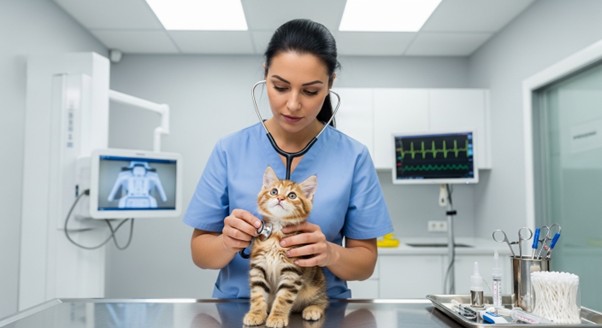 médica veterinária examinando filhote de gato