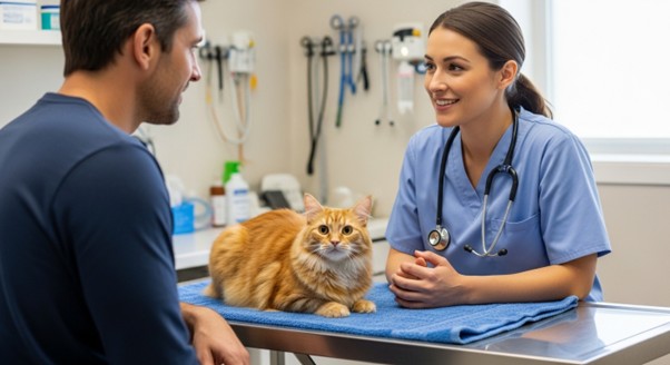 Veterinária explicando os benefícios da castração para o tutor