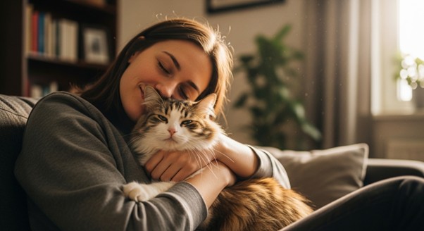 Tutora abraçando carinhosamente seu gato