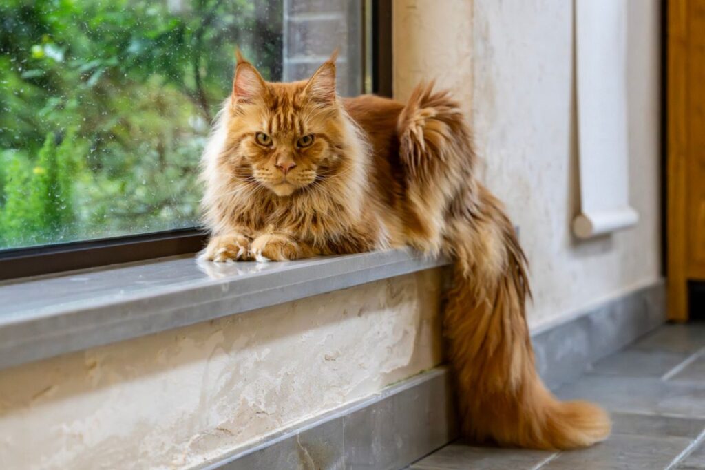 Maine coon na janela de apartamento