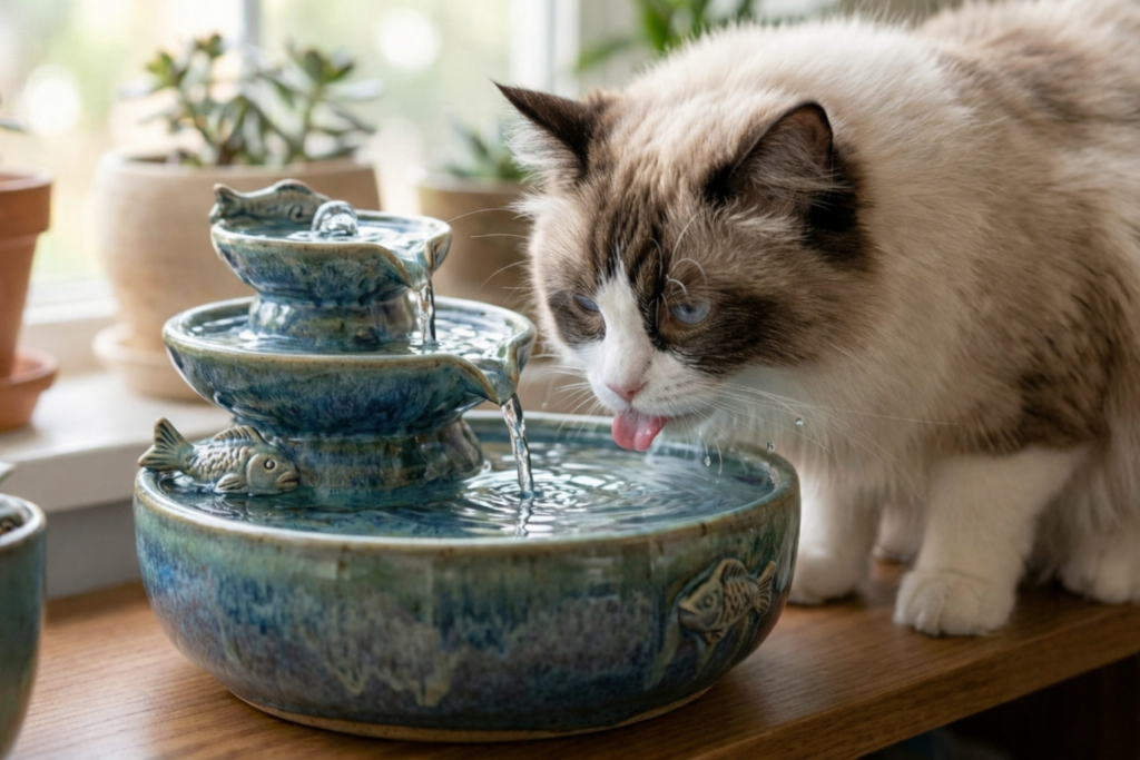 gato bebendo água em fonte