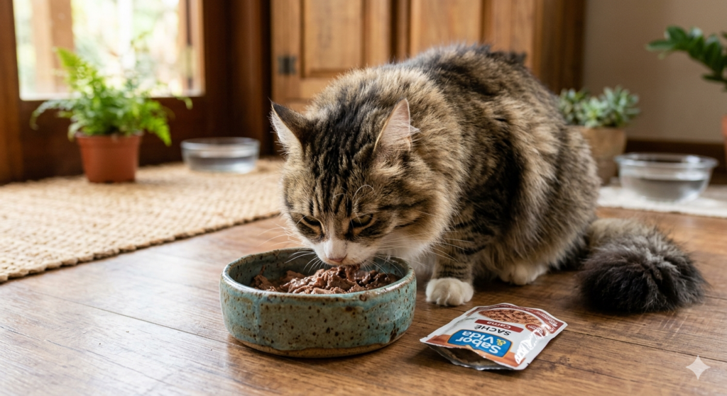 gato comendo sachê